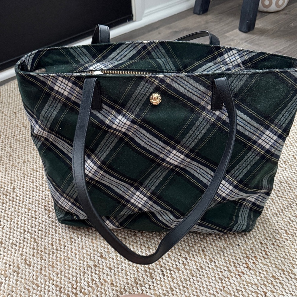 Talbots Flannel Green Plaid Tote with Black Straps
